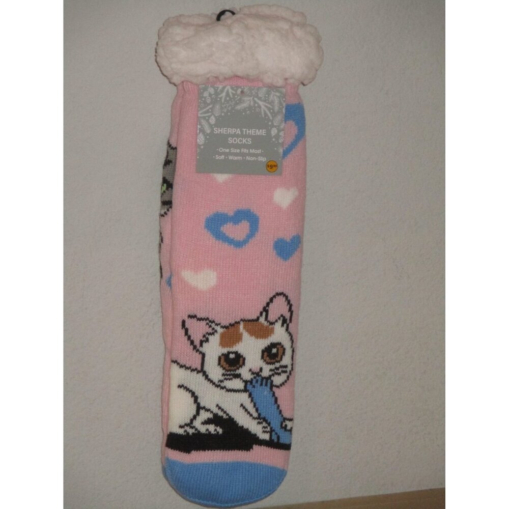 Cute Cat With Hearts Pink and Blue  Lined Socks Non-slip Soft One Size New Bag